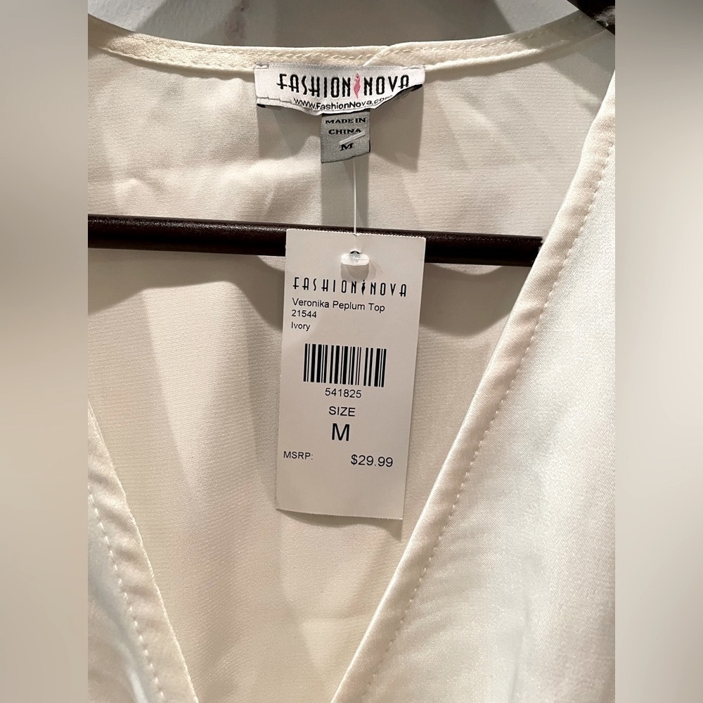 Fashion Nova-Cream Bell Sleeved Blouse with Cinched Waist, Wrap Belt, Size M - Picture 2 of 5